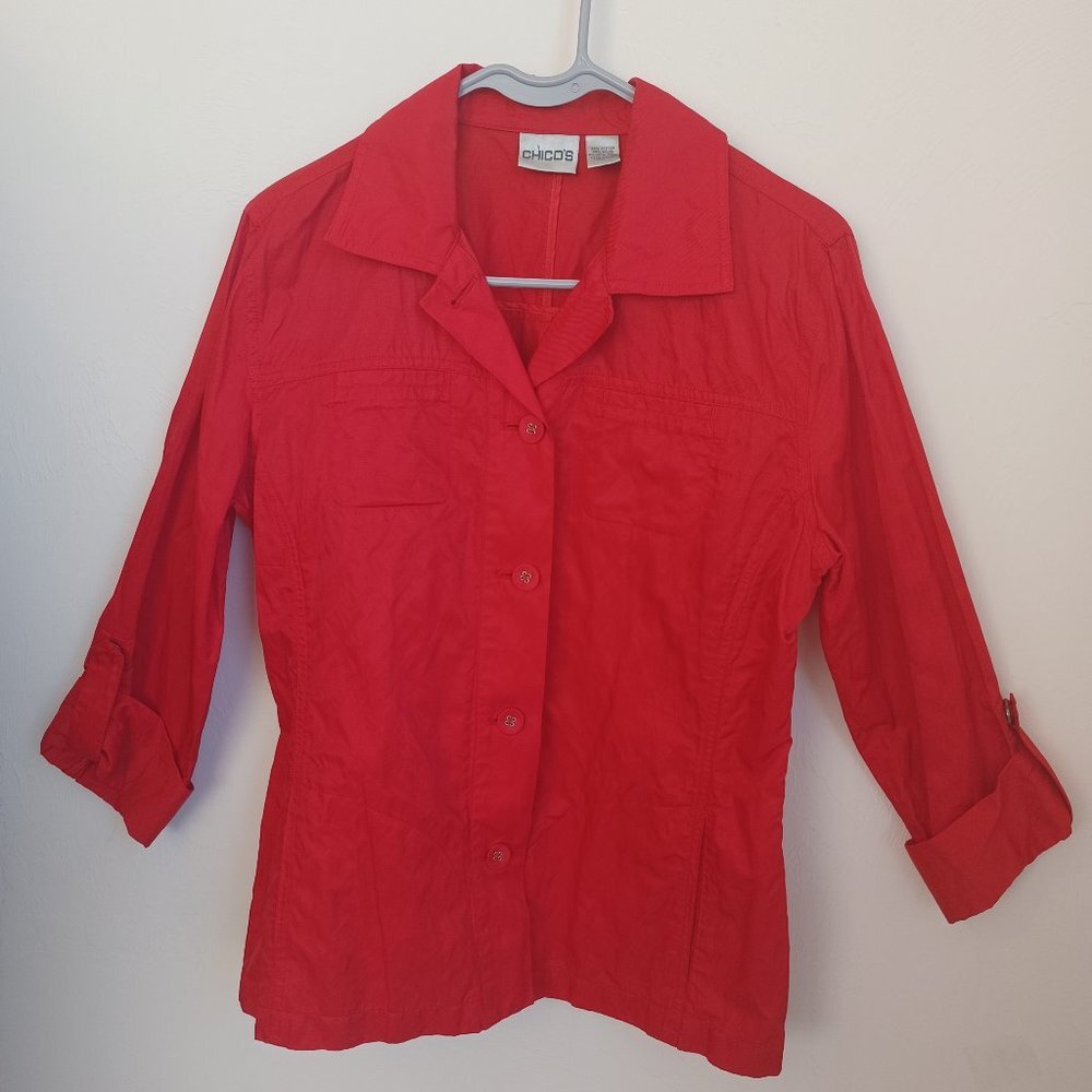 Chicos Red Shirt Jacket Button Front Roll Tab‎ Sleeves Womens Medium - Picture 6 of 10